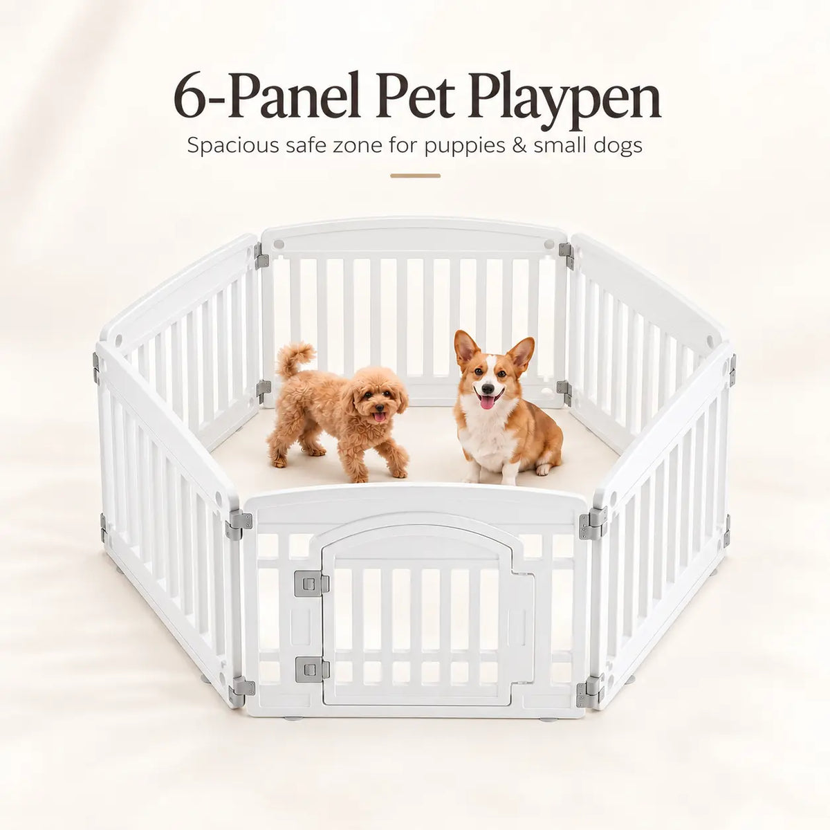 A white 6-panel pet playpen with a small door, shown with two dogs inside on a light cream fabric background. Text at the top reads '6-Panel Pet Playpen' and 'Spacious safe zone for puppies & small dogs'.