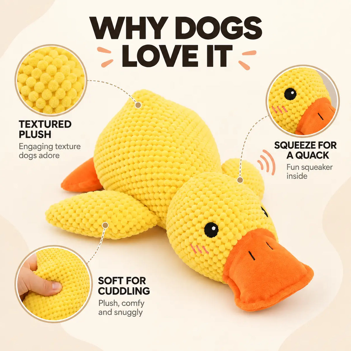 Yellow crocheted duck plush toy with orange beak and feet, shown on a cream background with callout circles and text highlighting texture, squeaker, and cuddling comfort.