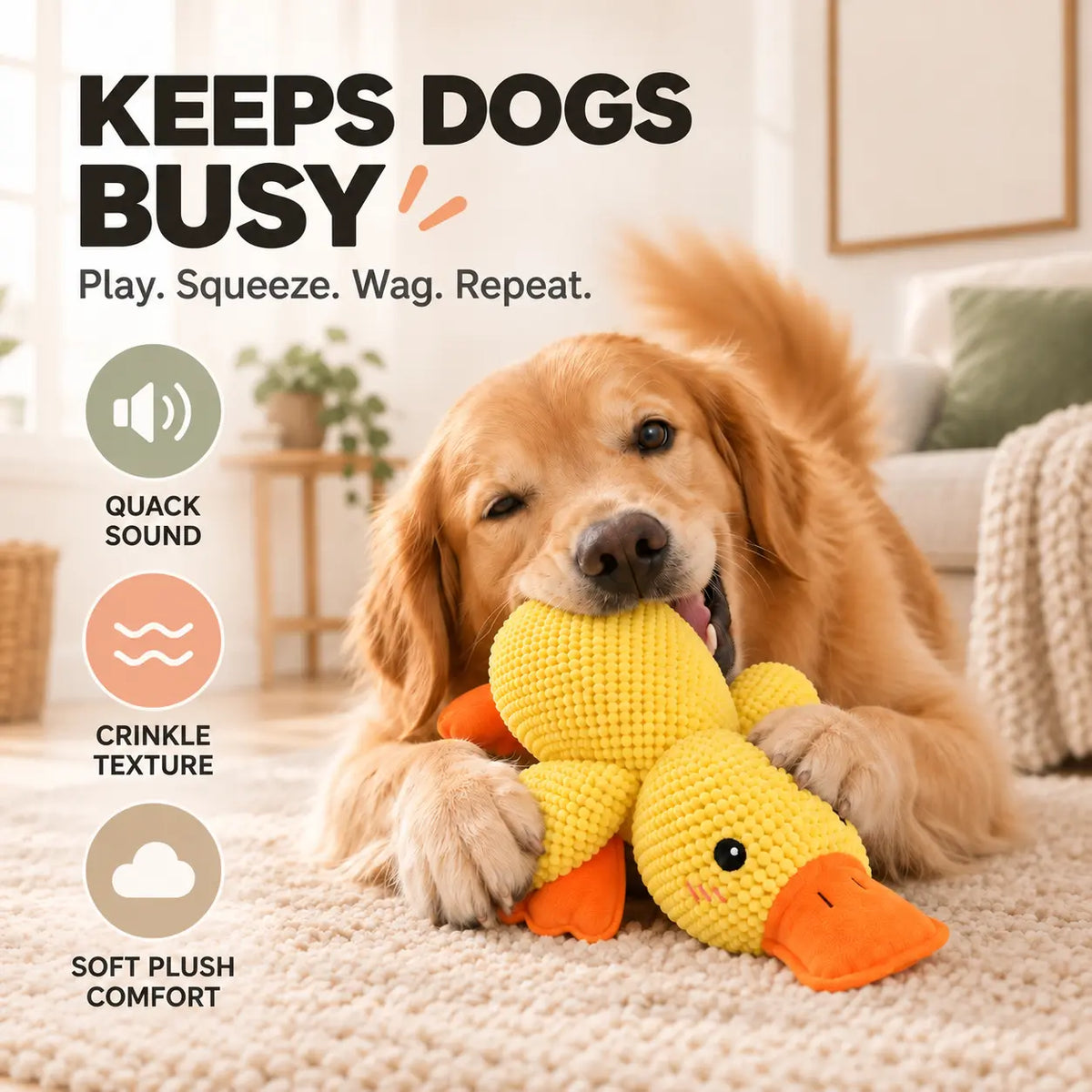 A golden retriever dog lies on a beige carpet in a living room, chewing on a yellow plush duck toy with orange beak details. Large text at the top reads 'KEEPS DOGS BUSY' with smaller copy 'Play.