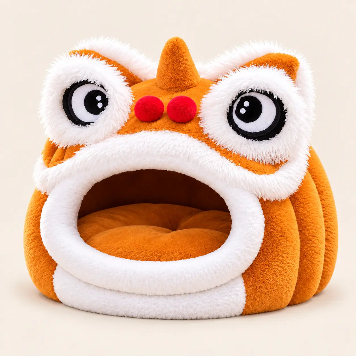 A plush lion dance hat or headpiece in orange and white faux fur with red nose details, photographed against a plain light beige background.