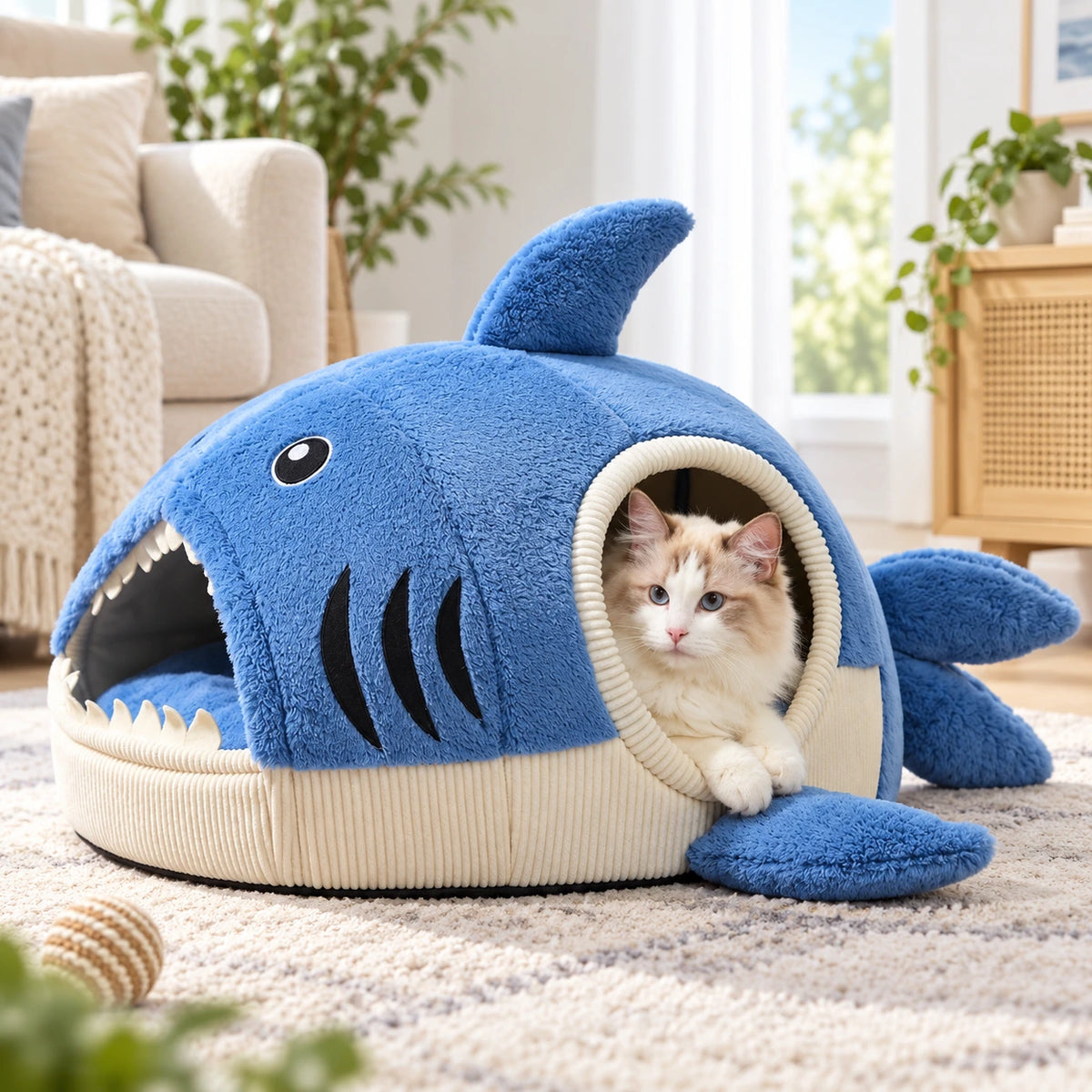 A fluffy cat sits inside a plush shark-shaped pet bed in a bright living room. The bed is blue with cream-colored trim and open mouth details, with the cat's front paws visible through the circular opening.
