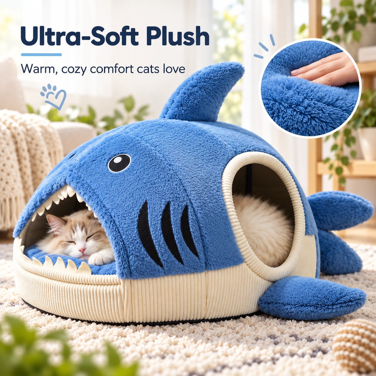 A blue and cream shark-shaped plush cat bed with a cat inside, shown in a cozy indoor setting with text reading 'Ultra-Soft Plush' and a circular inset showing the soft fabric texture.