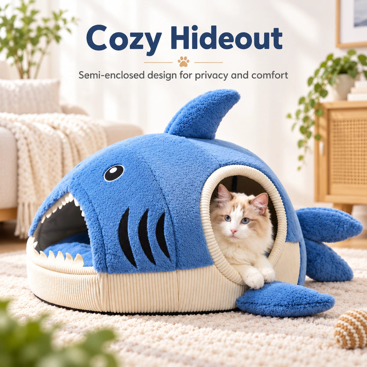 A blue and cream shark-shaped cat hideout bed with a fluffy cat peeking out of the opening, set in a cozy living room. Text at the top reads 'Cozy Hideout' with a subtitle about semi-enclosed design for privacy and comfort.