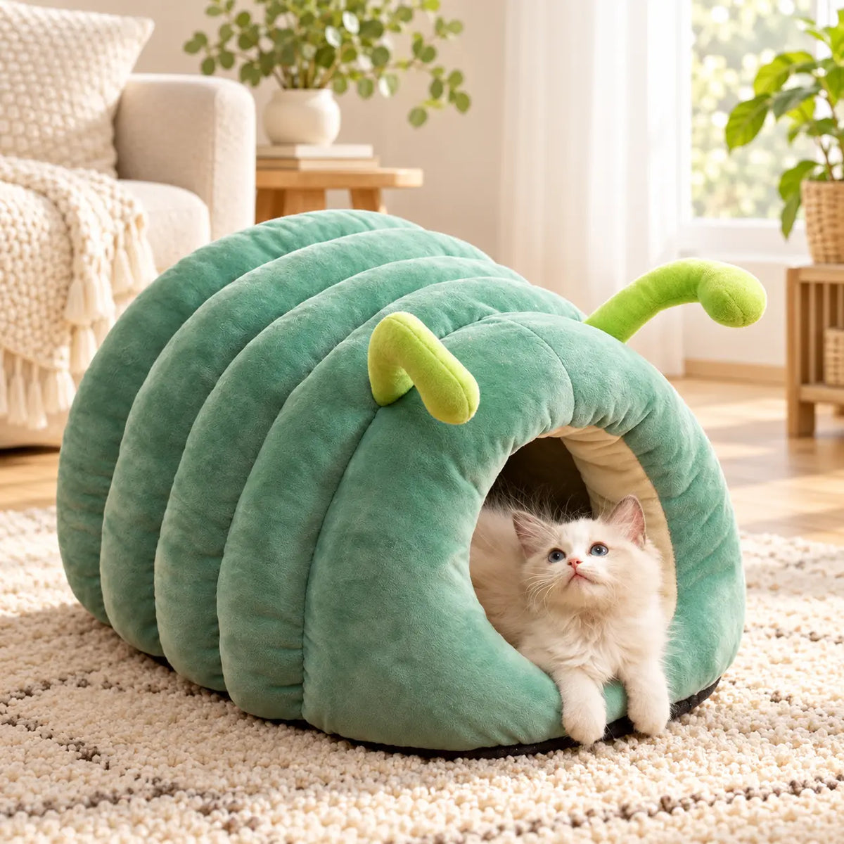 A fluffy white cat sits inside a green caterpillar-shaped plush cat bed on a beige rug in a bright living room.