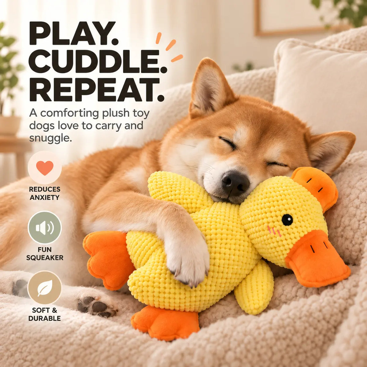 A sleeping Shiba Inu dog cuddles a yellow knitted duck plush toy on a beige sofa. Large text reads 'PLAY.