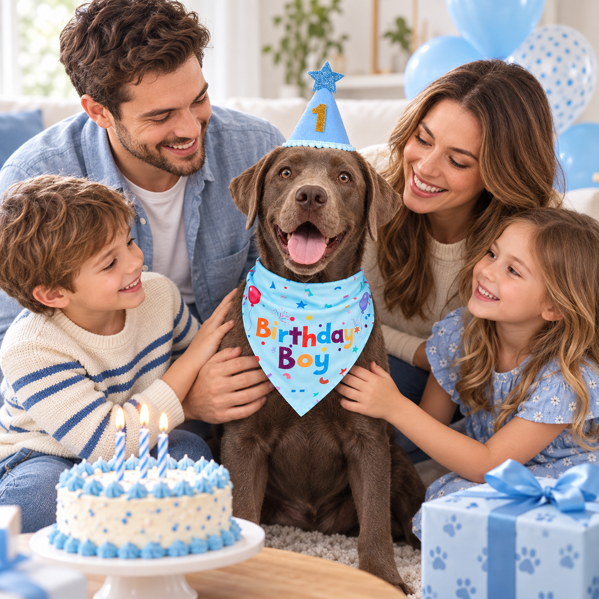 A family of four celebrates a boy's first birthday with a chocolate Labrador retriever wearing a blue party bandana that says 'Birthday Boy' and a matching blue party hat. A blue and white birthday cake with lit candles and a blue paw-print wrapped gift box are in the foreground.