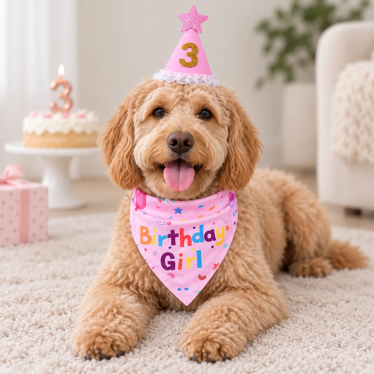 A golden doodle dog wearing a pink 3rd birthday party hat and a pink bandana that says 'Birthday Girl' in colorful letters, lying on a beige carpet in a bright living room.
