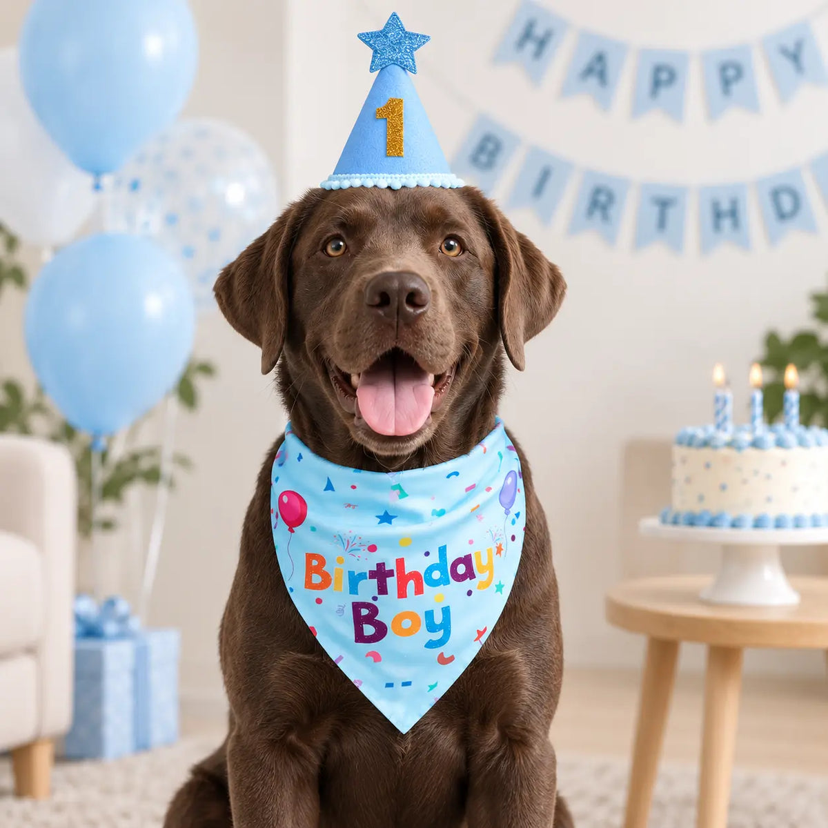 A chocolate Labrador retriever wearing a light blue first birthday party hat with a blue star and a matching light blue bandana bib that says 'Birthday Boy' in colorful letters, posed in a decorated birthday room with balloons, a cake, and a 'HAPPY BIRTHDAY' banner.