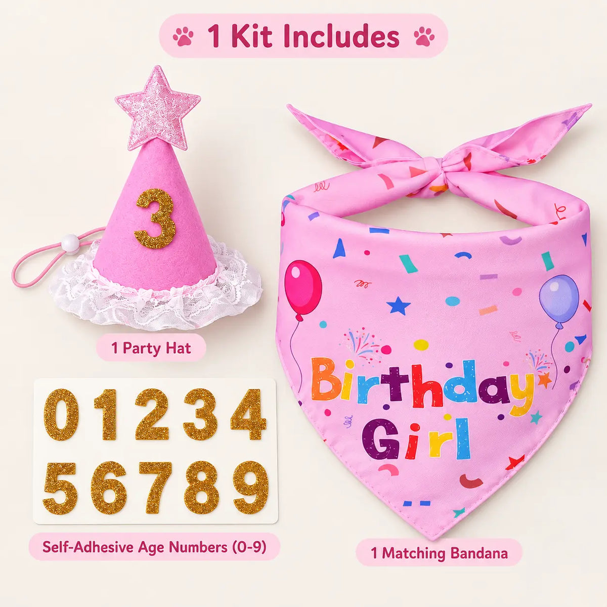 Pink pet party accessory kit including a pink party hat with a glittery star and number 3, a pink bandana with colorful confetti and 'Birthday Girl' text, and gold self-adhesive age numbers 0-9 on a light cream background.