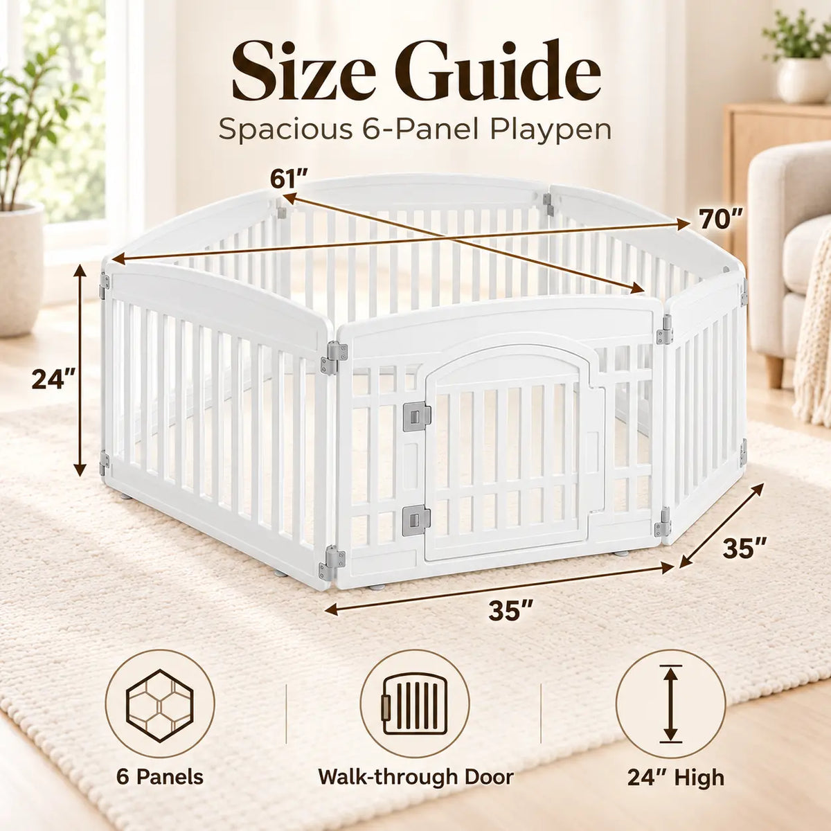 White octagonal 6-panel playpen shown with overlaid dimension arrows and text reading 'Size Guide' and 'Spacious 6-Panel Playpen,' plus icons noting 6 panels, walk-through door, and 24" high. The playpen is photographed in a bright indoor room with rug, furniture, and plants in the background.