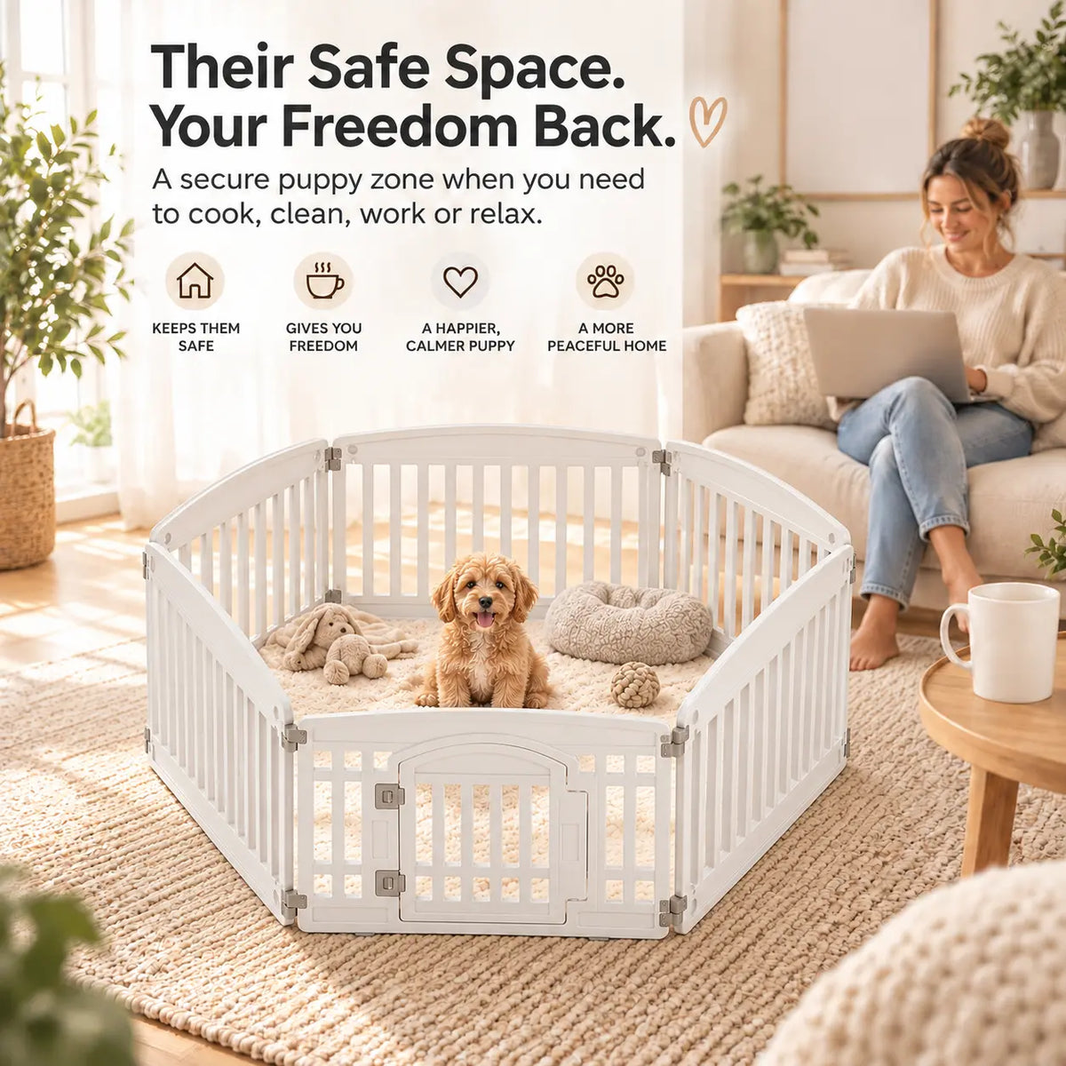 A white plastic pet playpen with a small brown puppy sitting inside, set in a cozy living room with a woman on a couch in the background. The image includes marketing text and icons at the top explaining the benefits of a secure puppy zone.