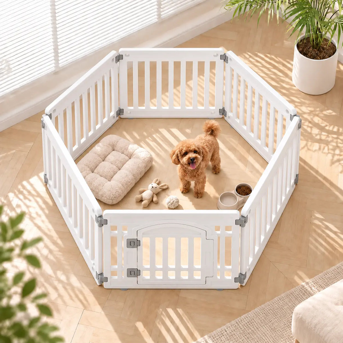 A small brown dog stands inside a white hexagonal pet playpen with a beige cushion, toy, and food bowl on a light wood floor. The scene is brightly lit by natural sunlight with window blinds and a potted plant visible in the background.