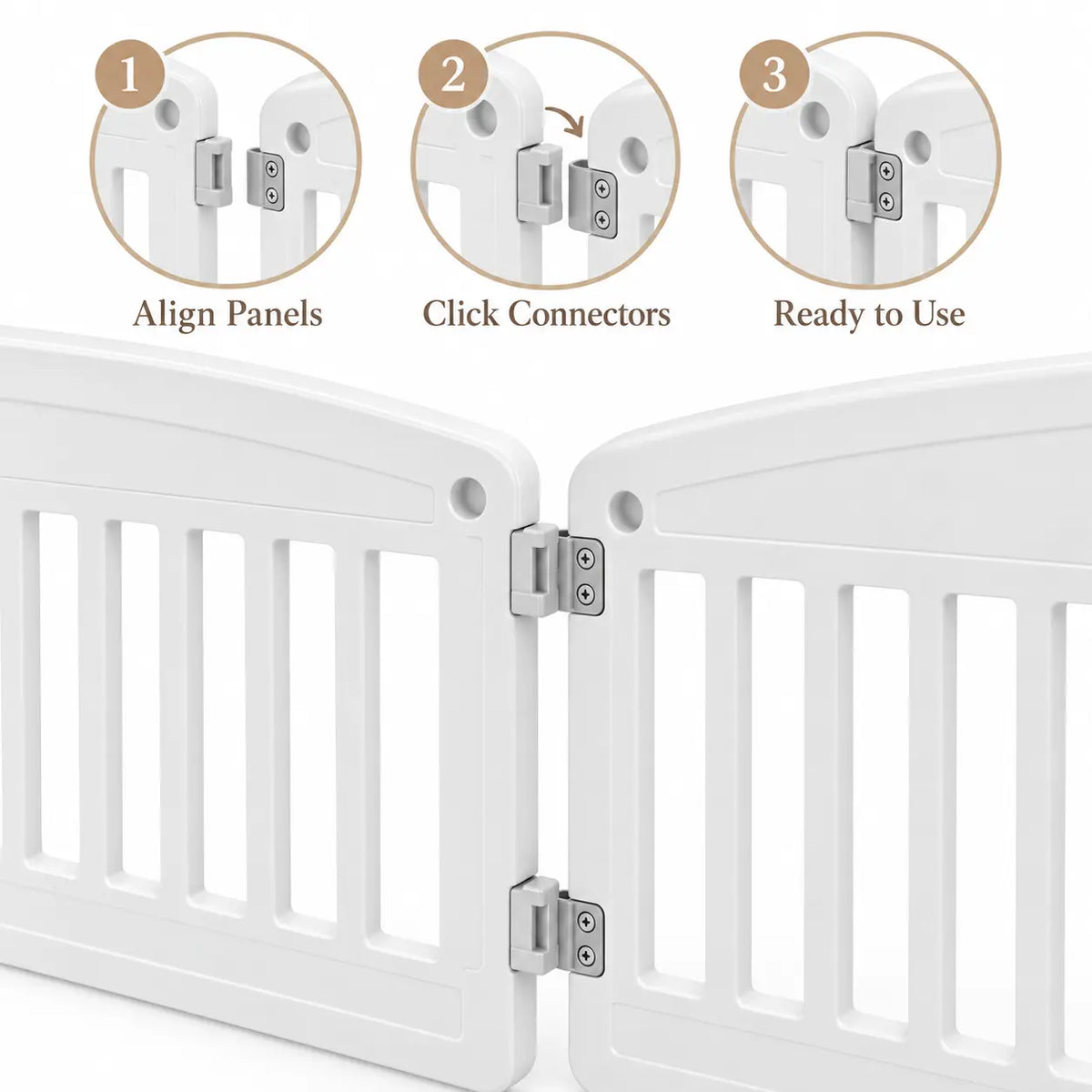 White plastic baby gate panels with silver metal hinges, shown assembled with three circular inset diagrams at the top illustrating how to align panels, click connectors, and prepare for use.