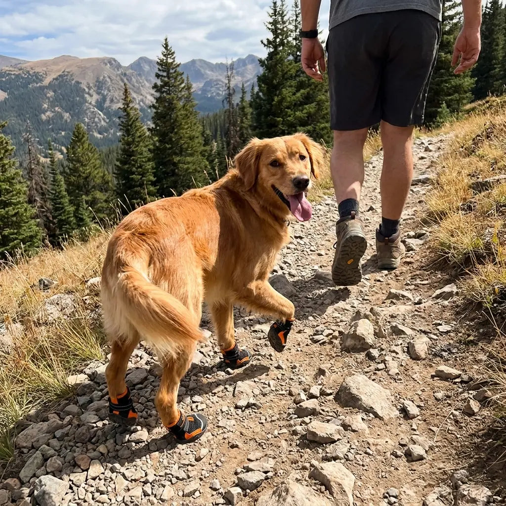Dog and owner hiking with Trail Trax Dog Boots