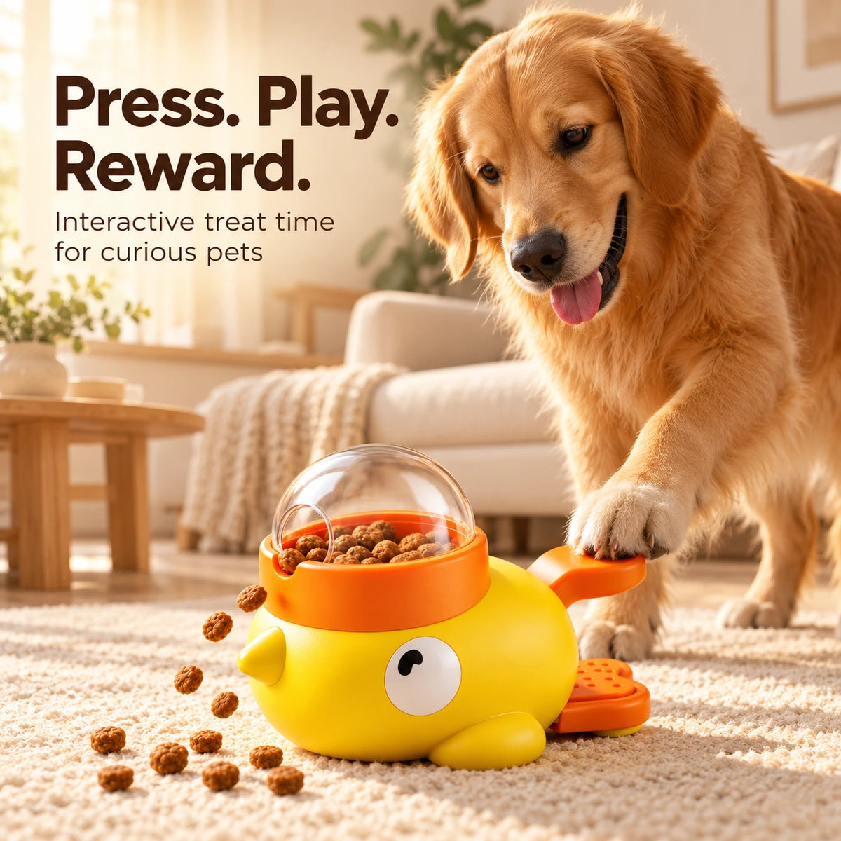 A golden retriever dog stands on a beige carpet in a bright living room, reaching toward a yellow and orange pet treat dispenser toy. Brown kibble is spilling out from the bottom of the toy, and text on the left reads, 'Press.