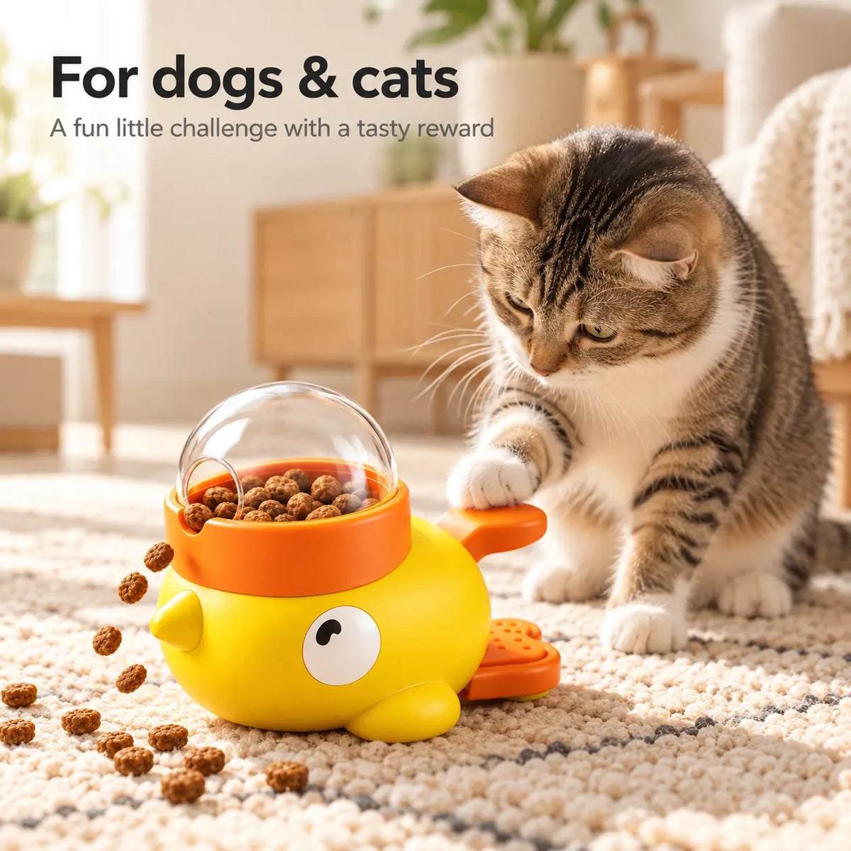 A tabby and white cat sits on a beige rug next to a yellow and orange pet treat dispenser filled with kibble, with the text 'For dogs & cats' at the top left.