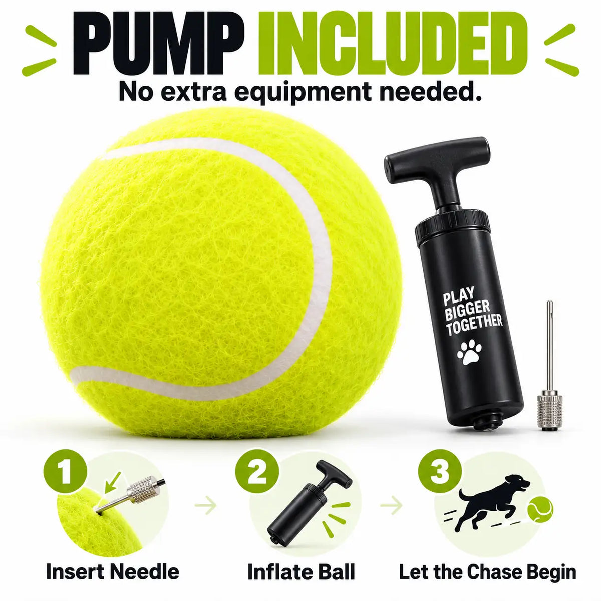 Yellow tennis ball dog toy shown inflated with a black manual pump, plus a small metal needle tool and three step icons for inflation instructions. Large text at top reads 'PUMP INCLUDED' and 'No extra equipment needed.