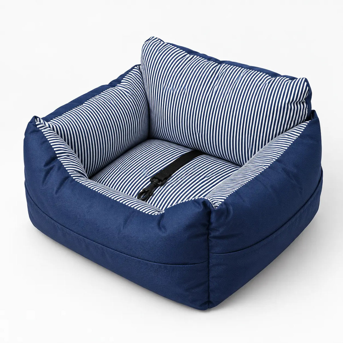 A navy blue dog car seat with a striped blue and white cushioned interior and a black safety harness strap, shown on a clean white background.