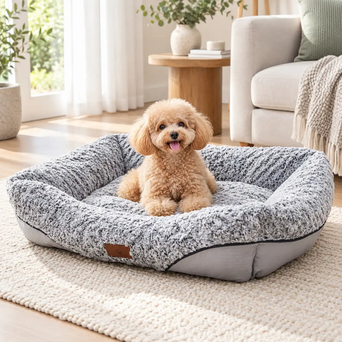 A small fluffy tan dog sits in a round pet bed with a gray and white textured sherpa-like lining and a smooth gray base, placed on a rug in a bright living room.