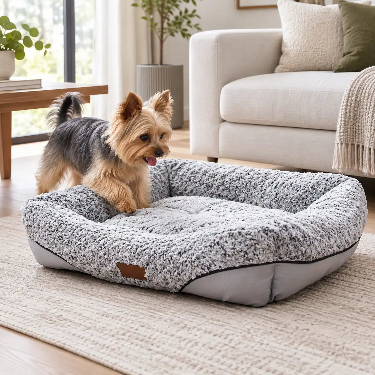 A small Yorkshire Terrier stands on a plush, raised pet bed with a gray and white speckled sherpa-like lining and a smooth gray base, placed on a rug in a bright living room.