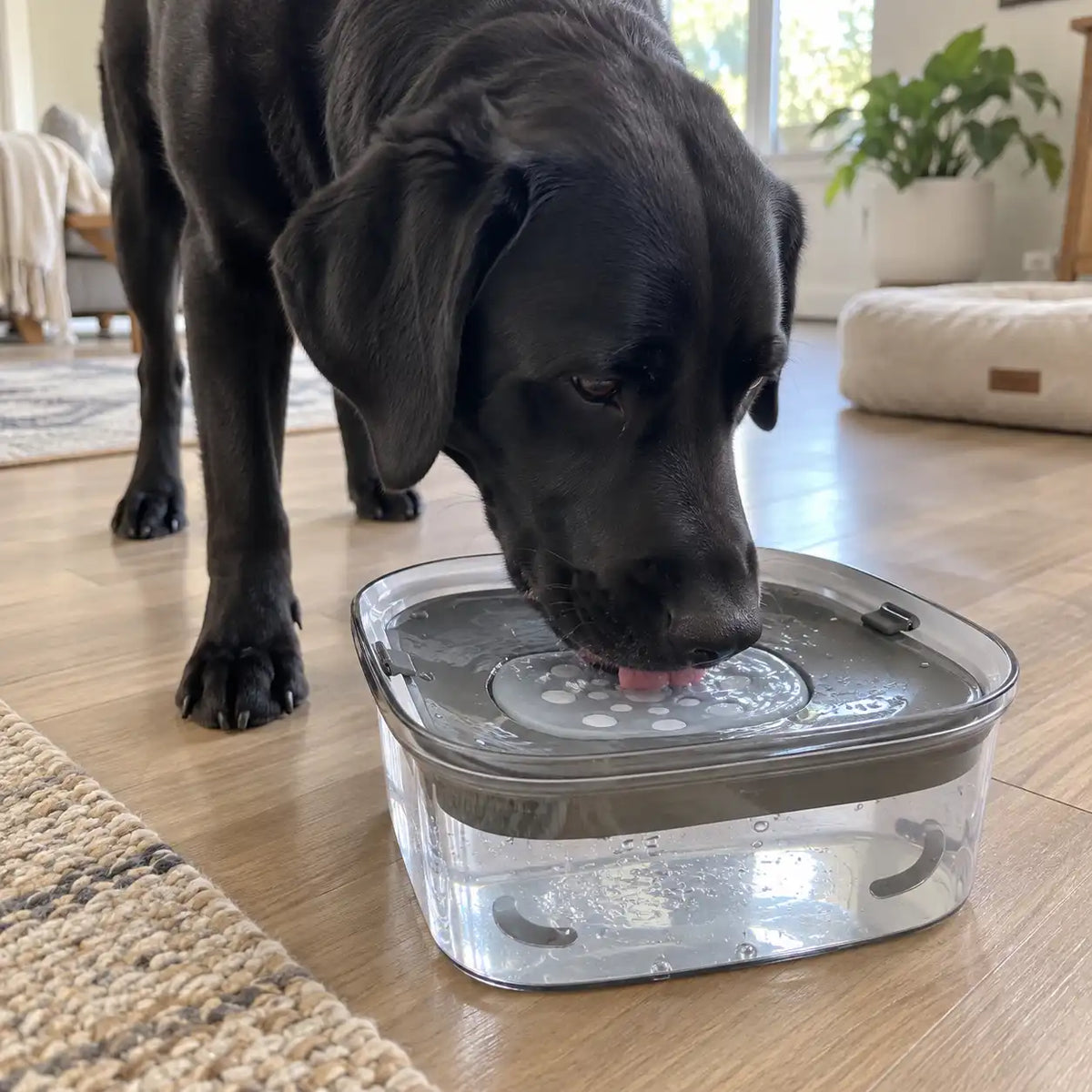 A black dog drinking water from a clear plastic automatic pet water fountain with a gray lid, set on a wooden floor in a bright living room.