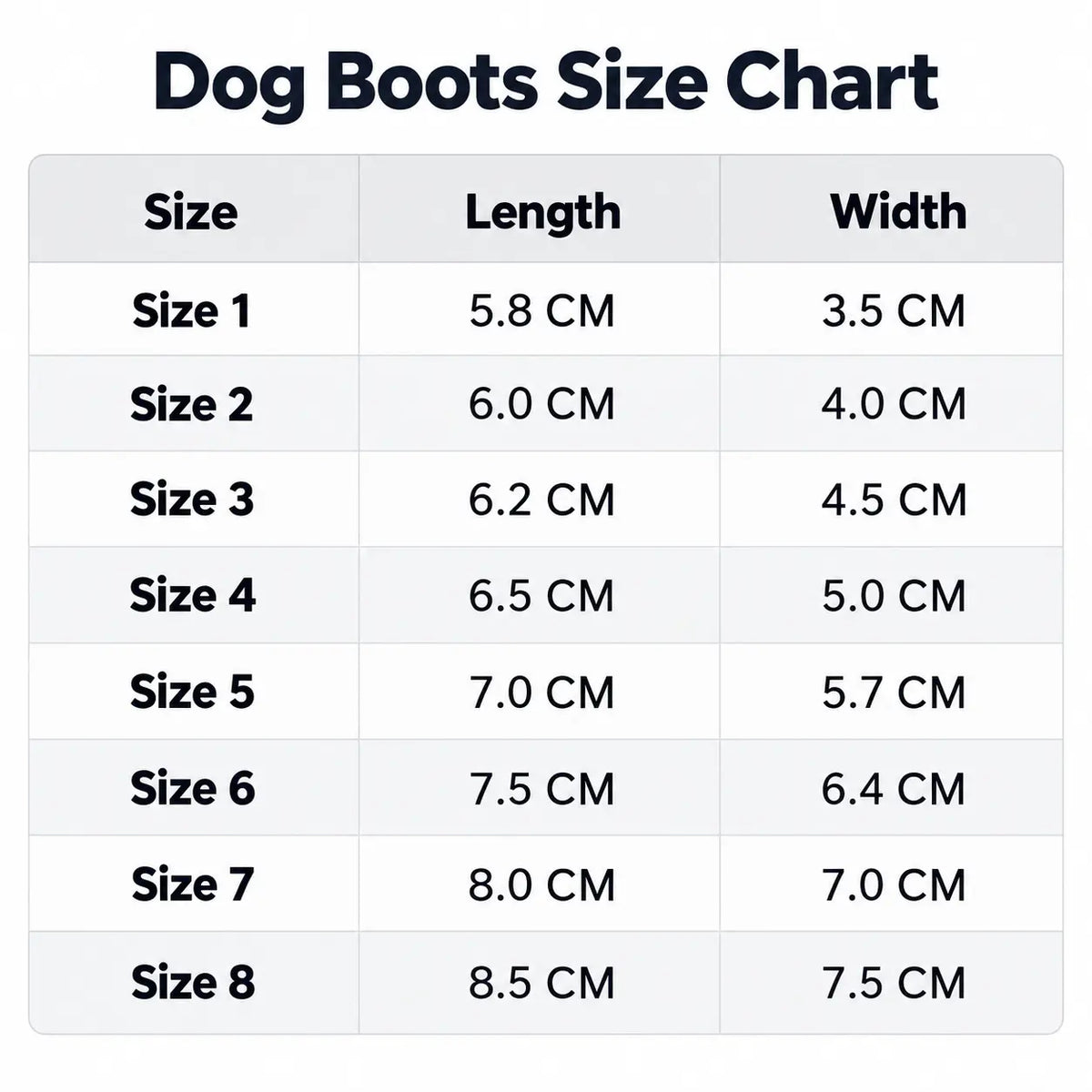 Trail Trax Dog Boots size guide