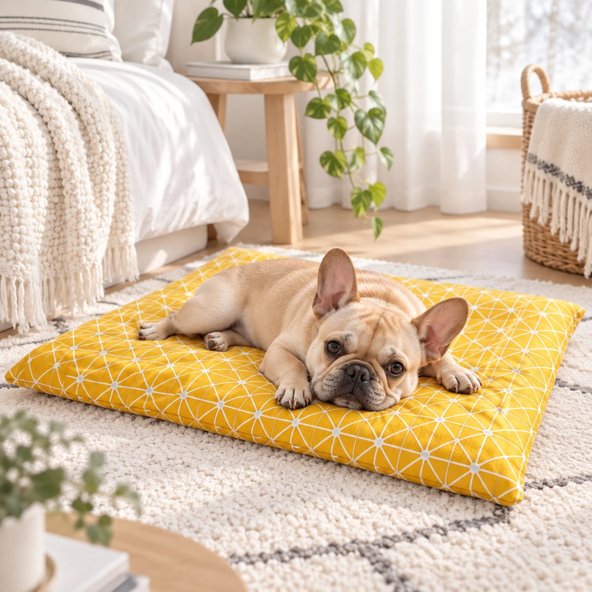 A light fawn French bulldog lies on a square yellow pet mat with a white geometric star pattern, placed on a cream rug in a bright, modern living room.