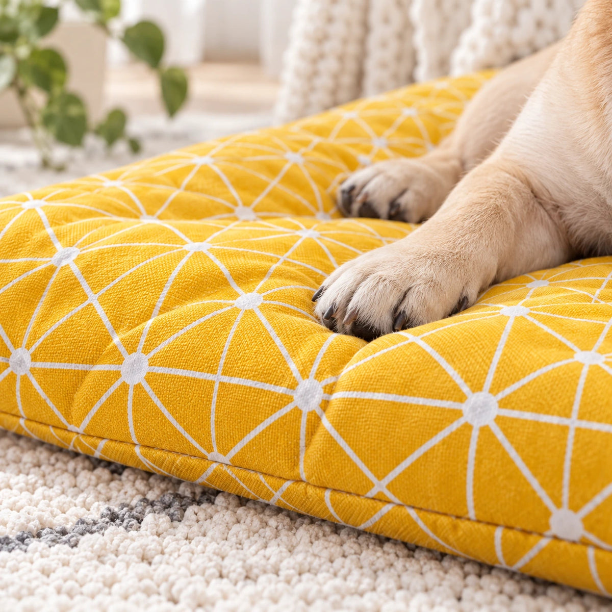 A close-up of a dog lying on a yellow cushion with a white geometric pattern, placed on a cream rug in a softly blurred indoor setting.