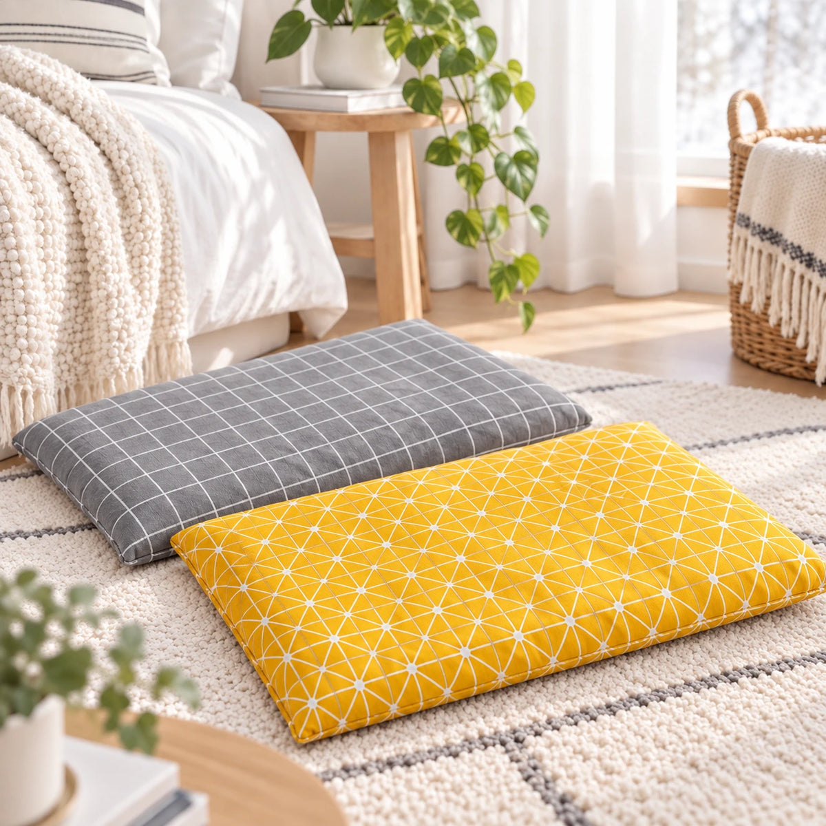 Two rectangular floor pillows on a cream rug in a bright living room. One pillow is gray with a white grid pattern, and the other is yellow with a white geometric star pattern.