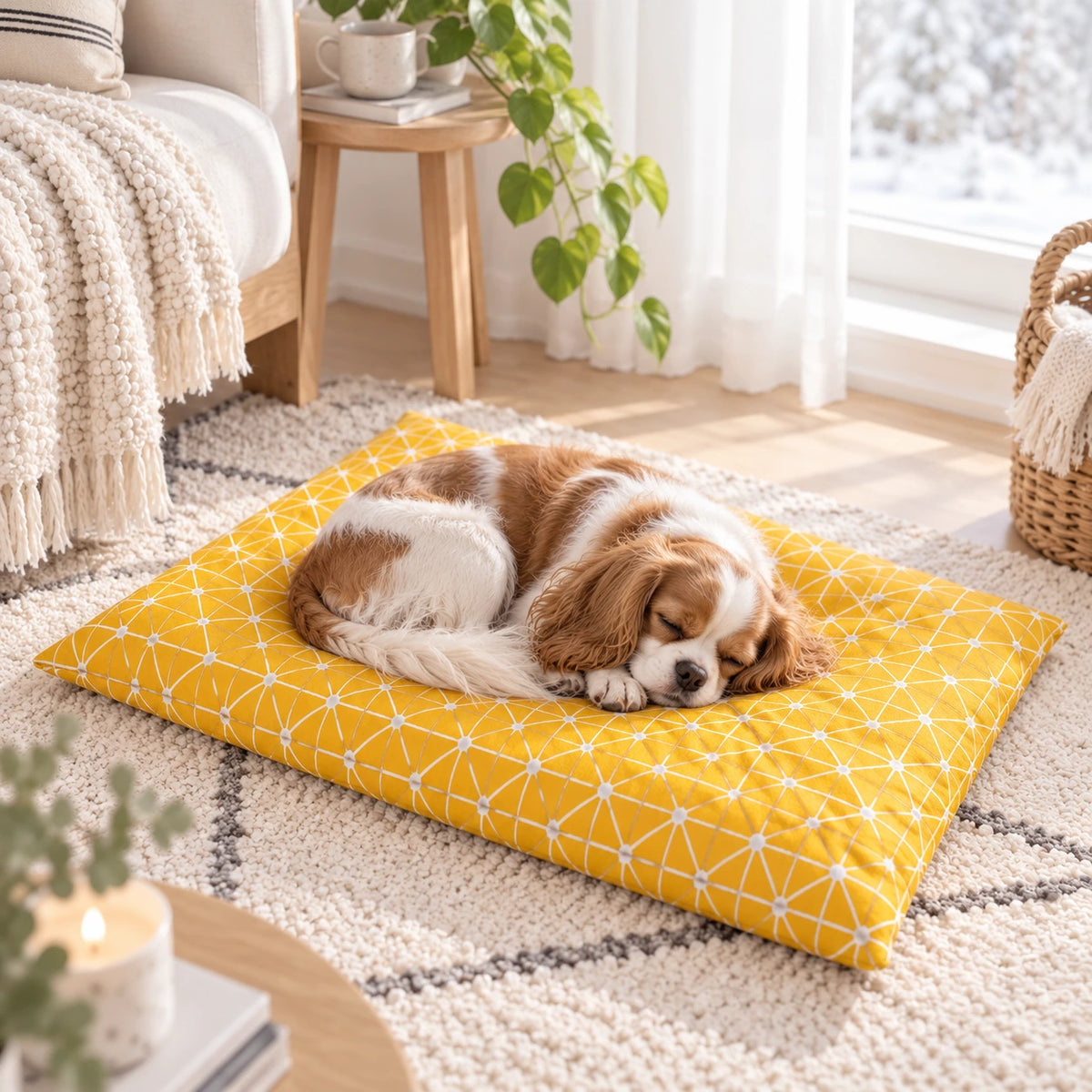 A brown and white dog sleeps curled up on a yellow pet mat with a white geometric pattern, placed on a cream rug in a bright, cozy living room.