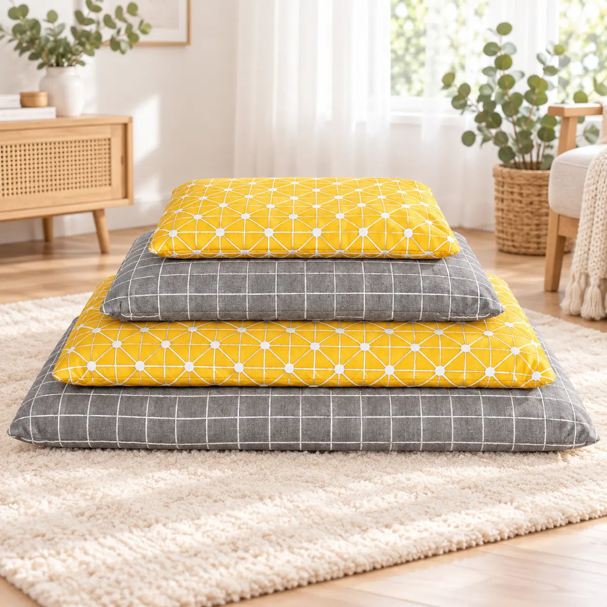 Three stacked floor cushions in a living room setting, featuring a yellow and white geometric pattern on the top cushions and a gray and white grid pattern on the bottom cushions.