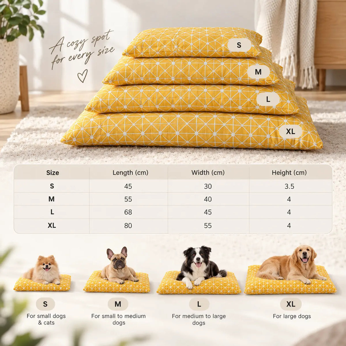 Four yellow patterned dog beds stacked in size order S, M, L, XL on a light rug, with a size chart and small dog photos showing scale and use cases.