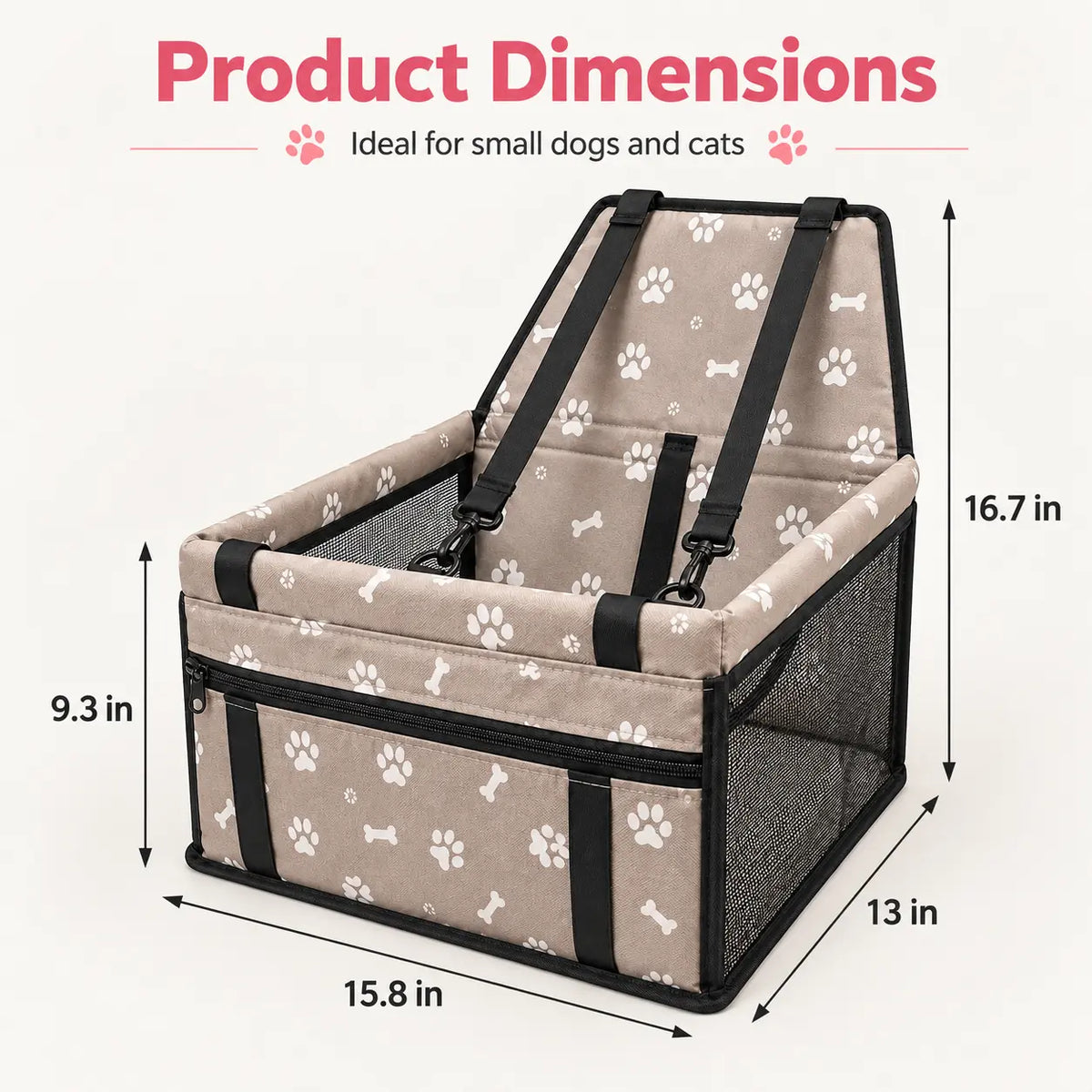 A pet carrier basket with product dimensions shown on a light background. The carrier has a beige fabric body with white paw print and bone patterns, black mesh side panels, black straps, and black trim.