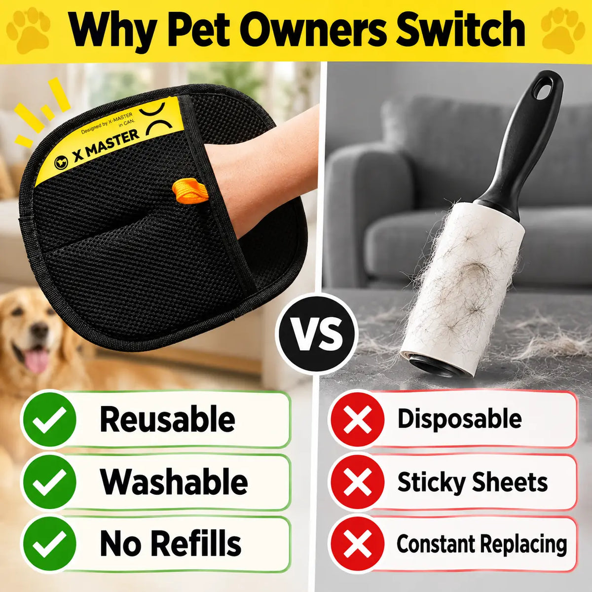 a split comparison of pet hair removal glove vs standard pet hair removal brush.
